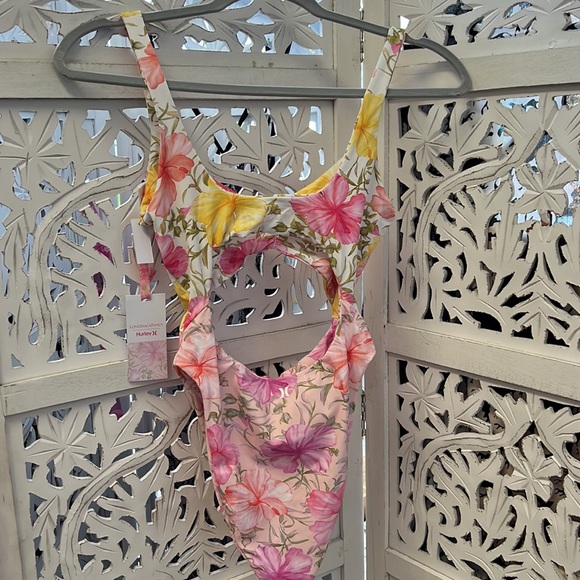 NWT Hurley X Love Shack Fancy collab. Hibiscus cheeky one piece. Yellow and pink - Picture 4 of 6